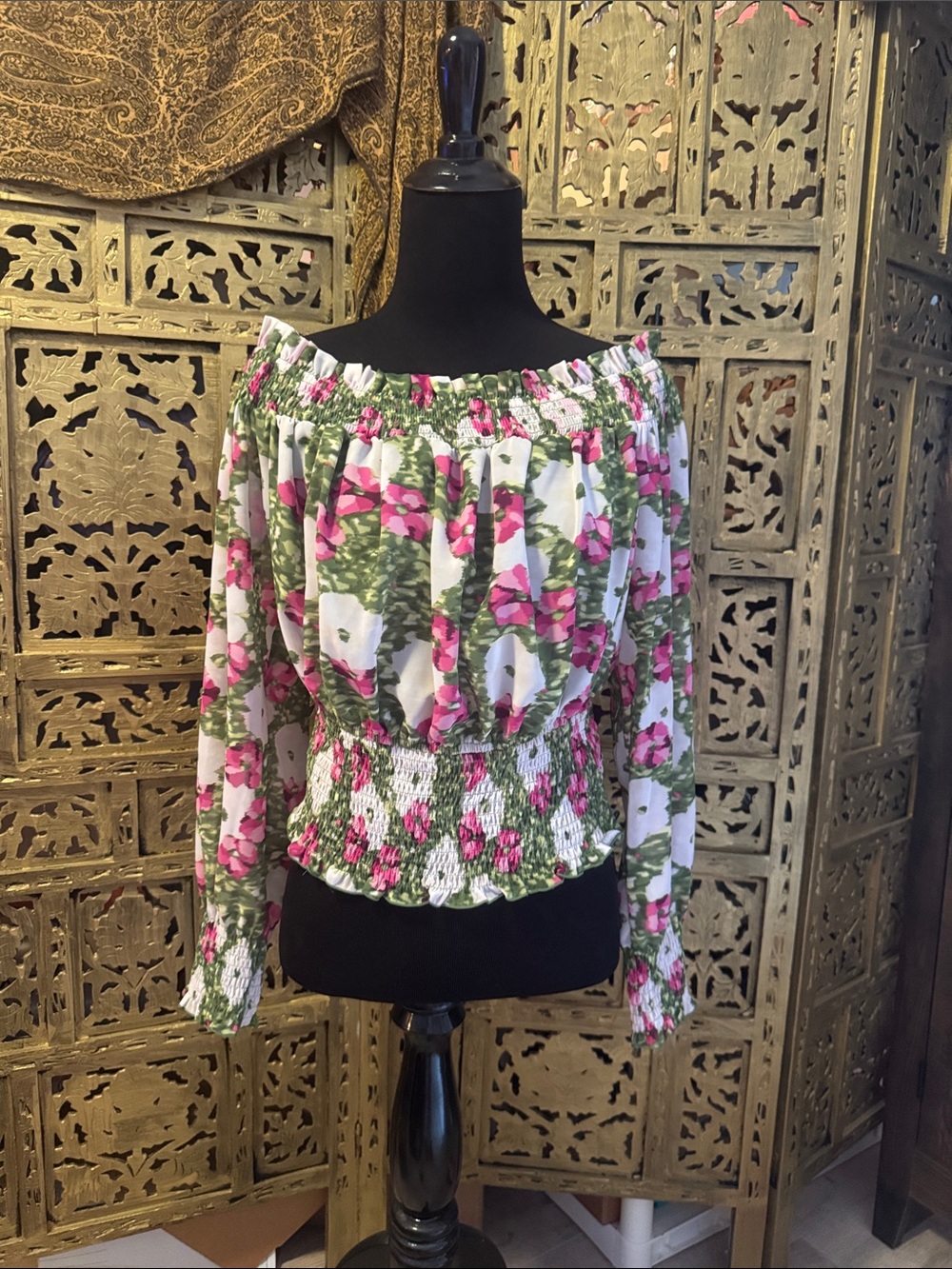 Off-Shoulder Floral Smocked Waist Top - White & Pink